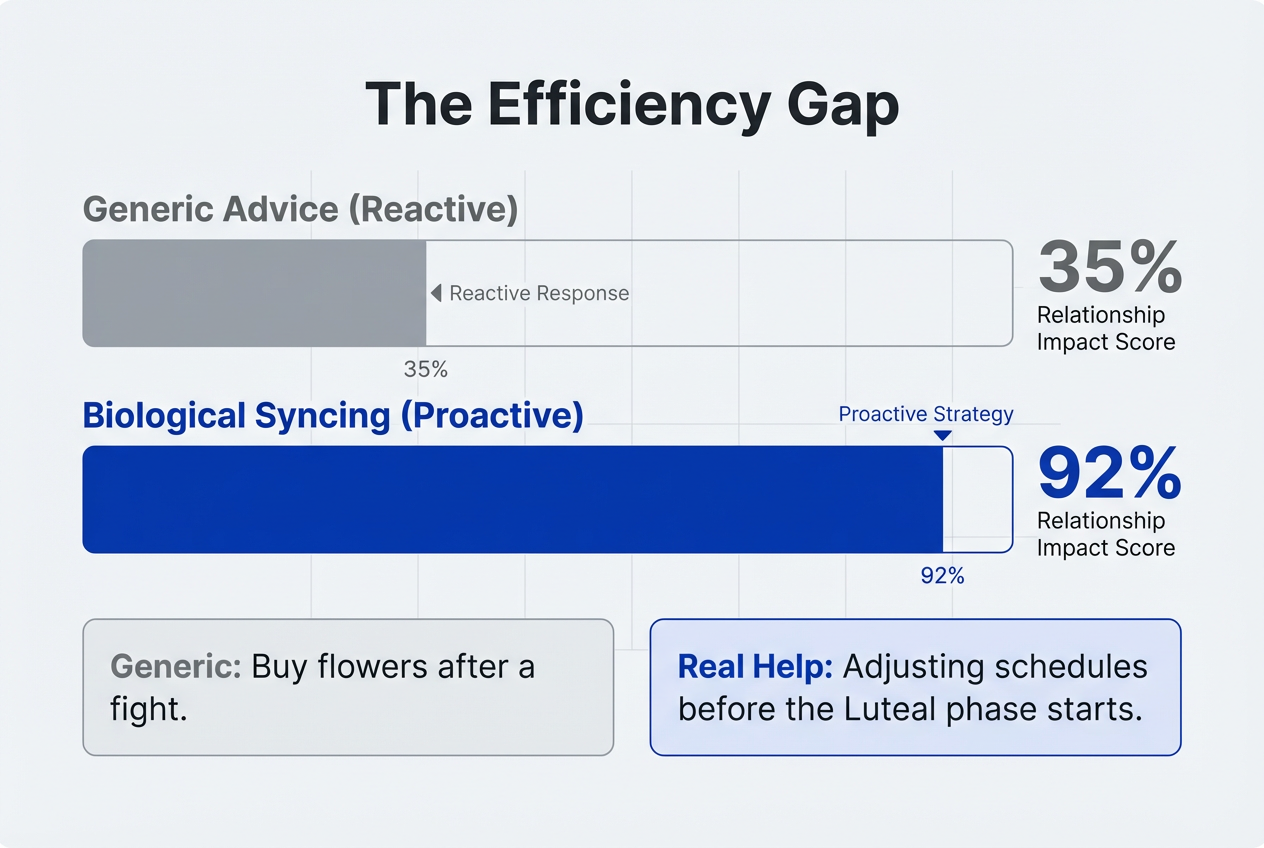 Bar chart comparing the 35 percent impact of generic relationship advice versus the 92 percent impact of proactive biological syncing for men.