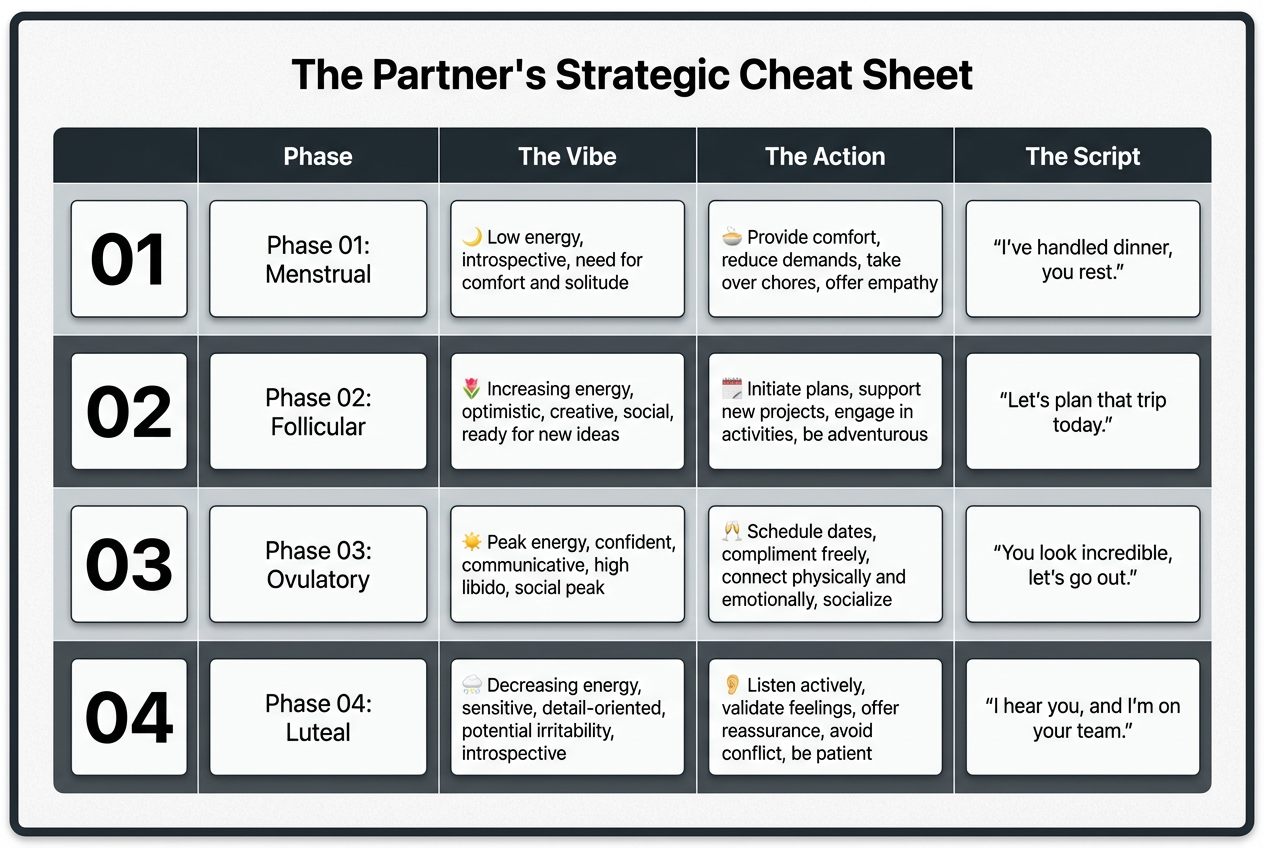 A comprehensive cheat sheet matrix for men including exact scripts and support actions for each phase of their girlfriend's hormonal cycle.