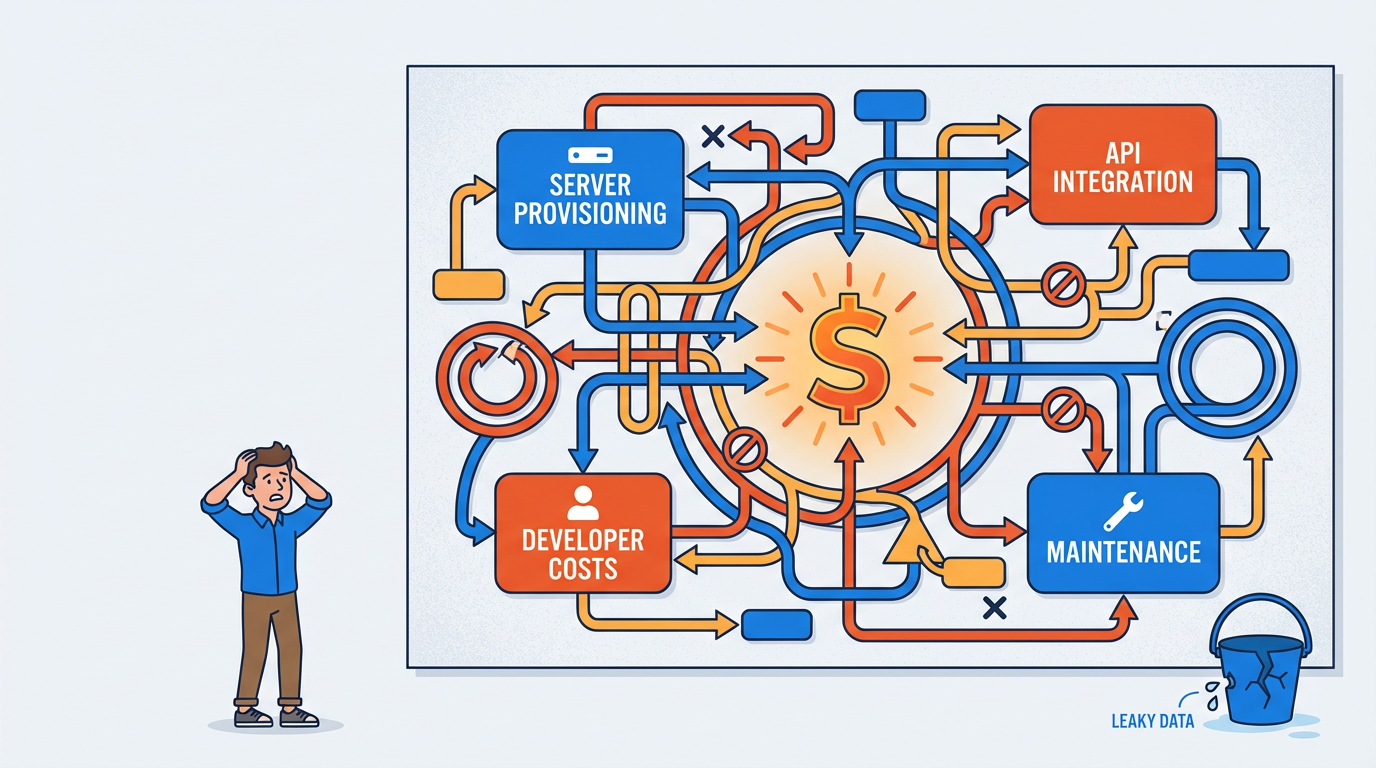 Illustration of the cost and complexity of traditional Meta CAPI server-side tracking.