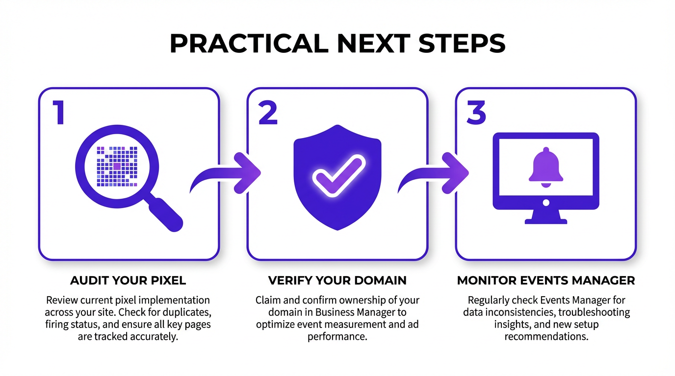 An infographic showing the three next steps for advertisers: audit your pixel, verify your domain, and monitor Events Manager.