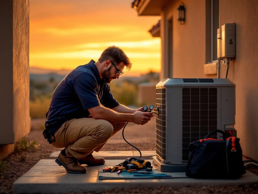 Photorealistic cinematic 8K photograph of a male HVAC technician in his mid-30s