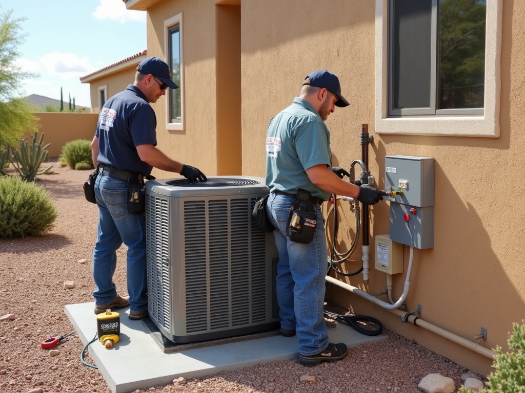 Photorealistic 8K photograph of two HVAC technicians installing a new residentia