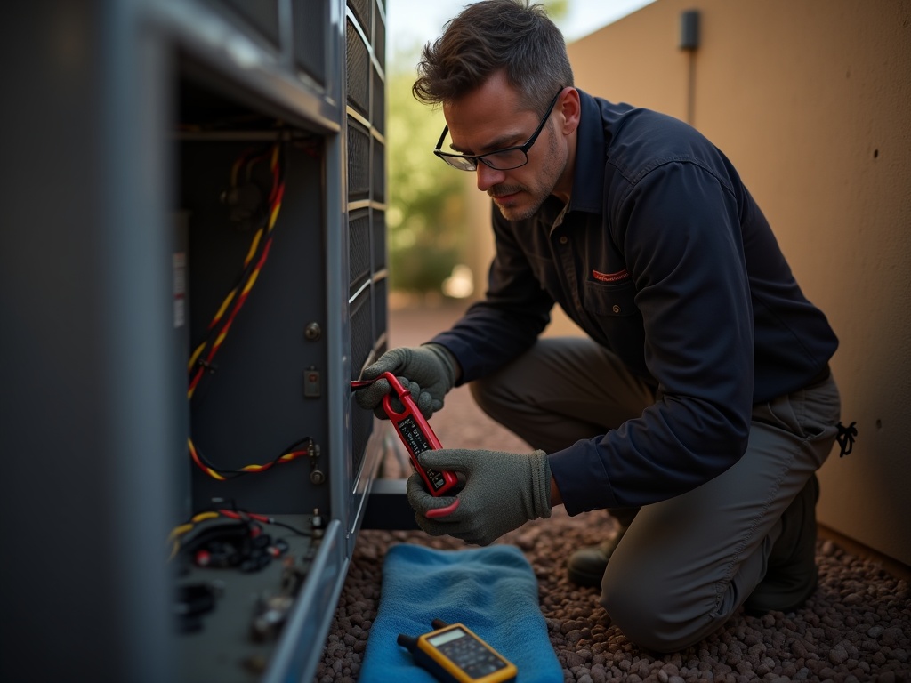 Photorealistic 8K close-up action photograph of an HVAC technician diagnosing a