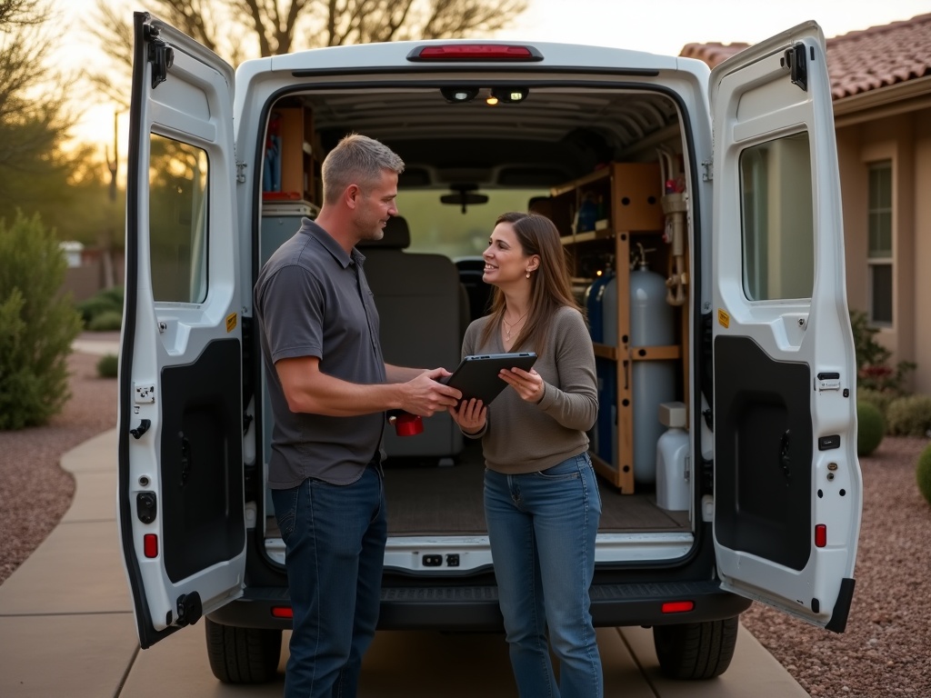 Photorealistic candid photograph of a male HVAC contractor in his late 40s stand