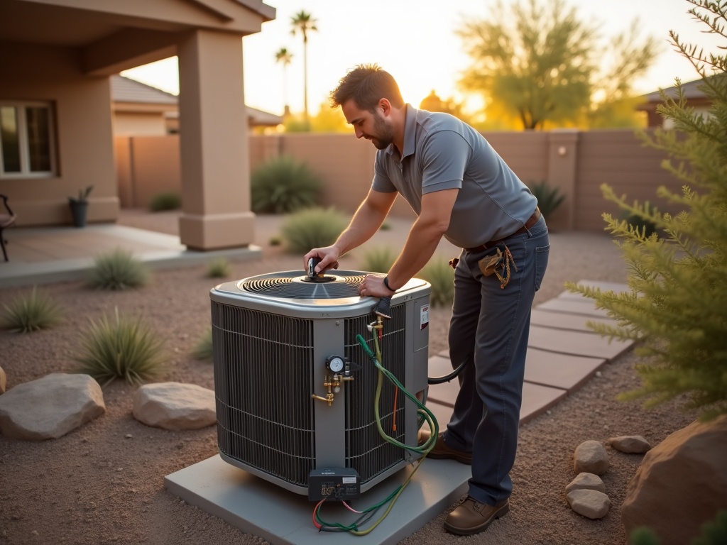 Photorealistic 8K photograph of an HVAC technician performing a preventive maint