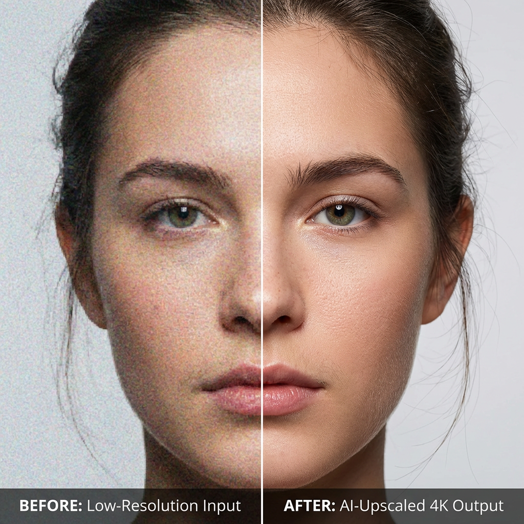 Before and after AI portrait upscaling comparison showing dramatic improvement from pixelated to crystal-clear 4K