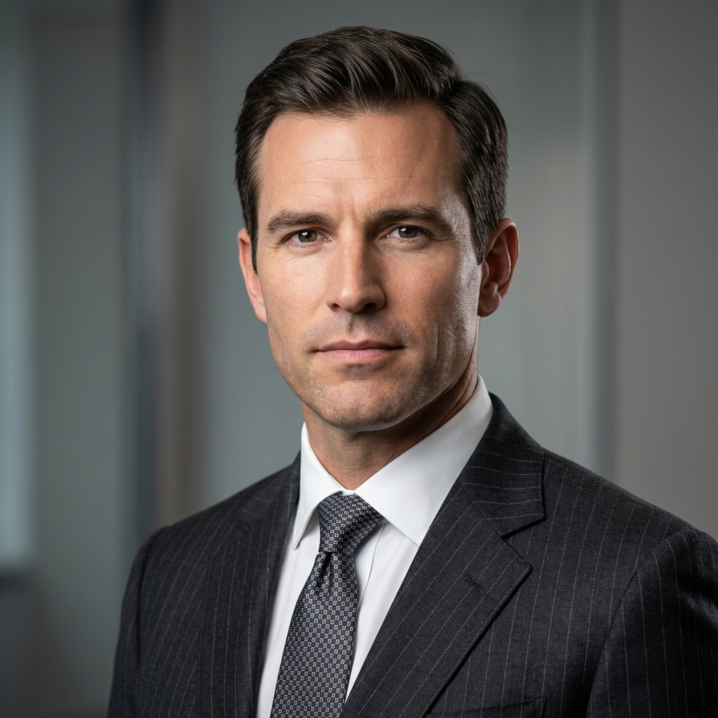 AI-upscaled professional male business headshot with crisp suit details and studio lighting