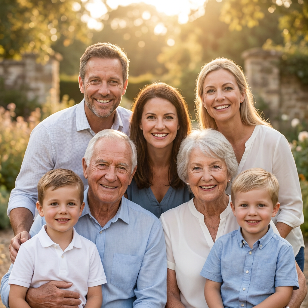 AI-enhanced family portrait with multiple faces in perfect focus and warm natural lighting