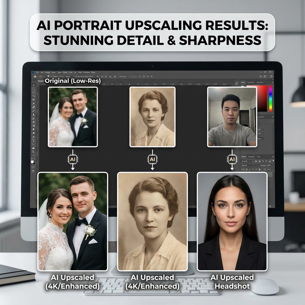 Grid of AI portrait upscaling results showing wedding photo, vintage portrait, and selfie enhancements