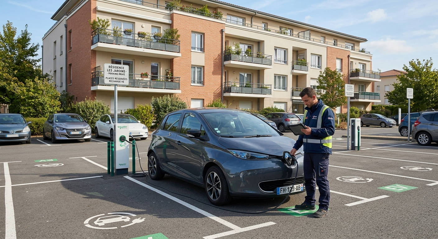 Parking résidentiel avec plusieurs bornes de recharge électrique IRVE et un installateur vérifiant une borne pendant une charge
