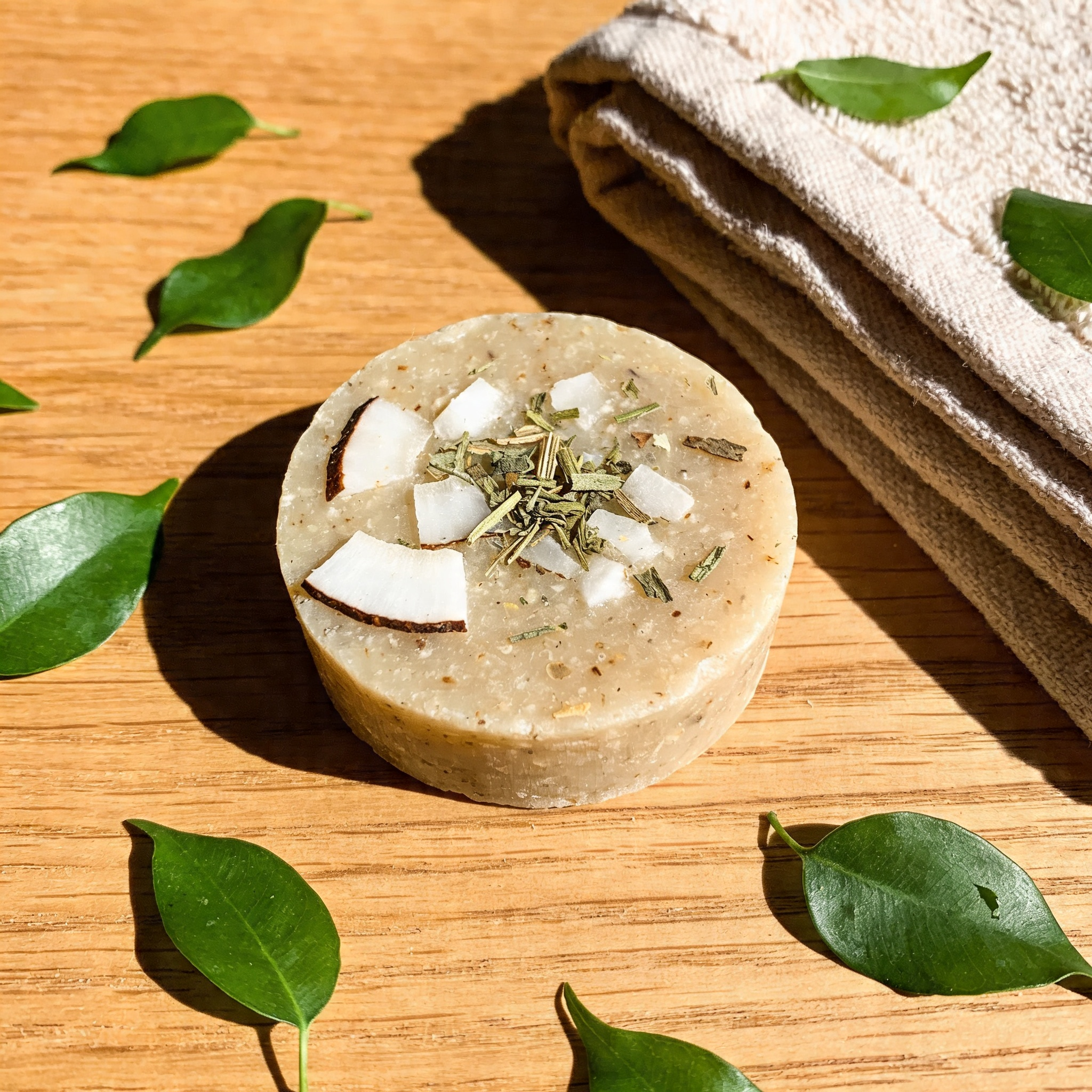 shampoing solide naturel sur support en bois avec ingrédients végétaux