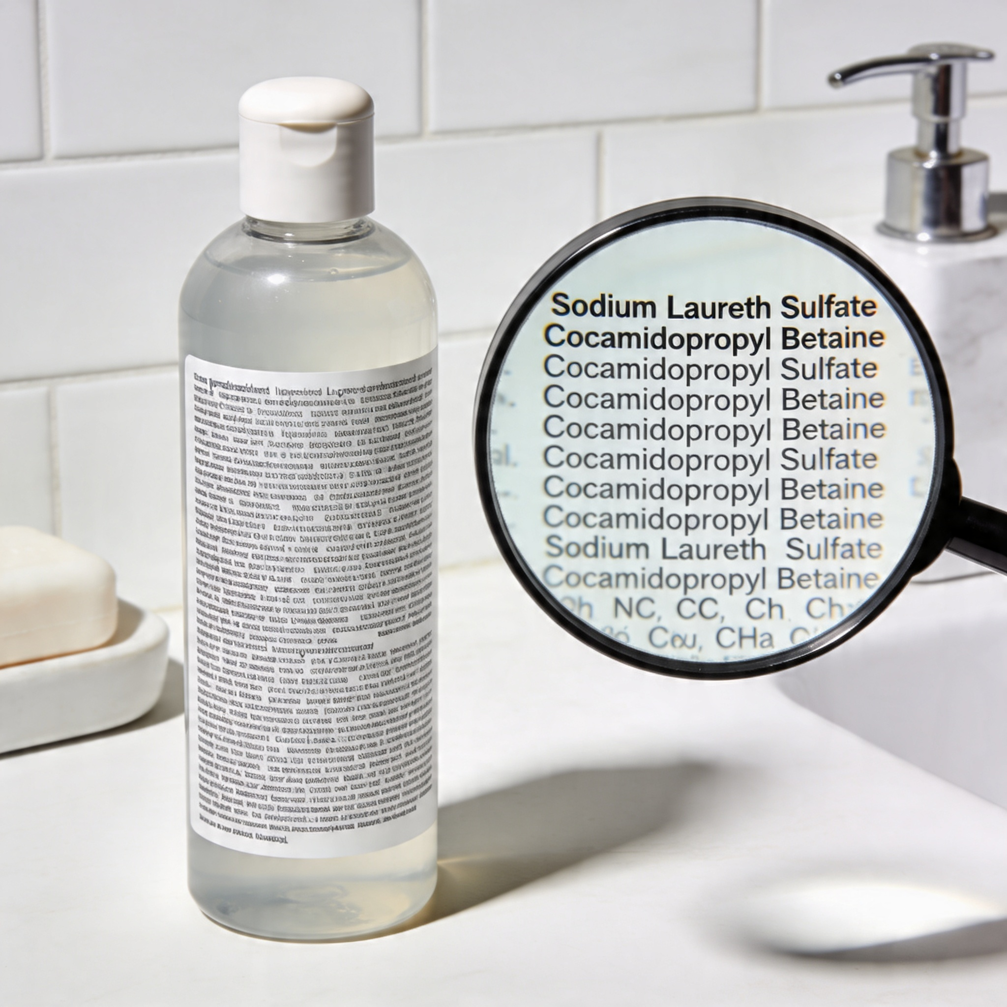 flacon de shampoing liquide avec liste d ingrédients chimiques