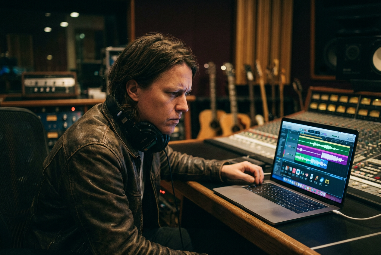 A music producer sitting in a dark professional recording studio, wearing headphones around their neck, looking at a glowing laptop screen showing colorful waveforms and AI interface elements. Warm studio lighting with mixing console buttons illuminated in the background, instruments hanging on the wall. The mood is focused and creative.