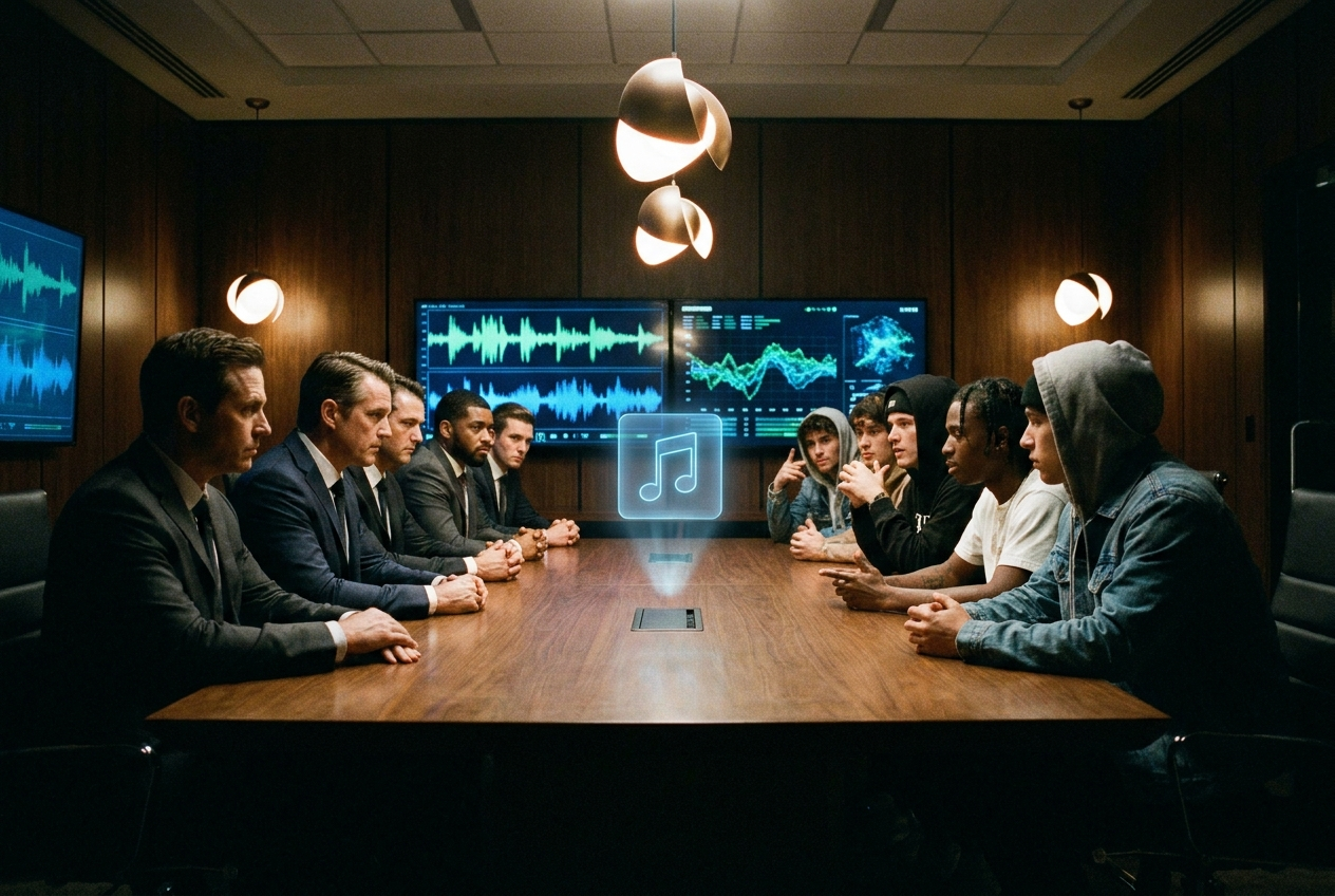 A dramatic courtroom-style scene with a long conference table. On one side sit music industry executives in suits, and on the other side sit tech startup founders in casual clothing. Between them on the table is a glowing holographic music note that both sides are reaching toward. The room has wood paneling and modern screens on the walls showing music waveforms and contract documents. Tense atmosphere with dramatic overhead lighting.