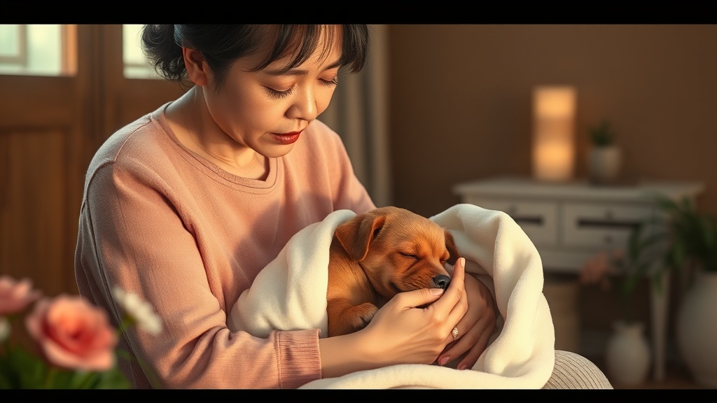 白いタオルに包まれた小型犬を優しく抱く女性の温かい室内での別れの瞬間