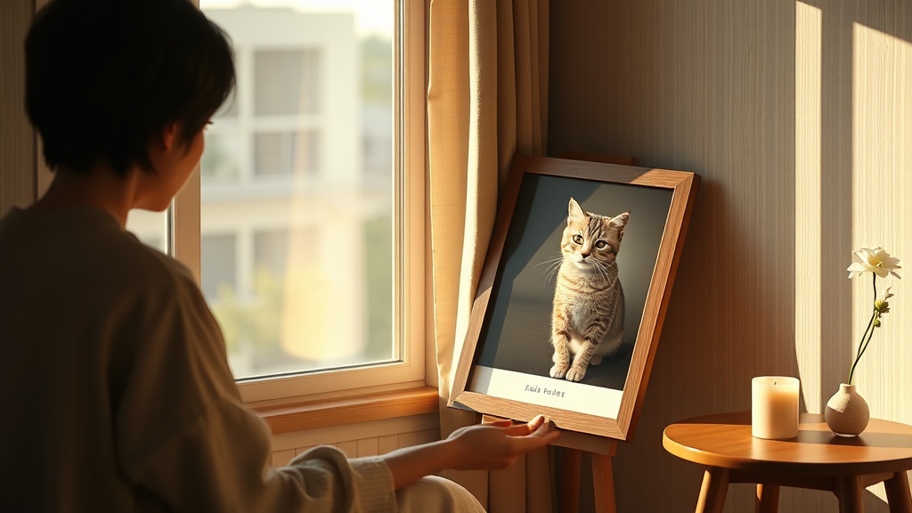 窓辺で愛猫の写真を手にする飼い主がペットロスに向き合う温かな室内風景