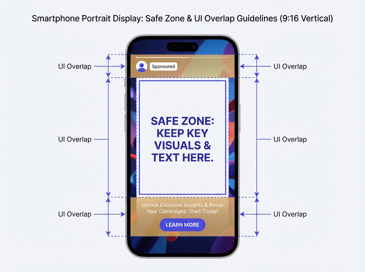 Diagram of the Meta ad specs safe zone for Reels and Stories, showing where UI elements cover the creative.
