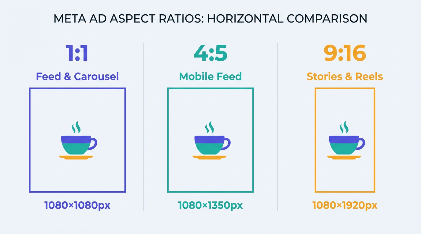 Infographic showing the key meta ad specs for image aspect ratios: 1:1, 4:5, and 9:16.