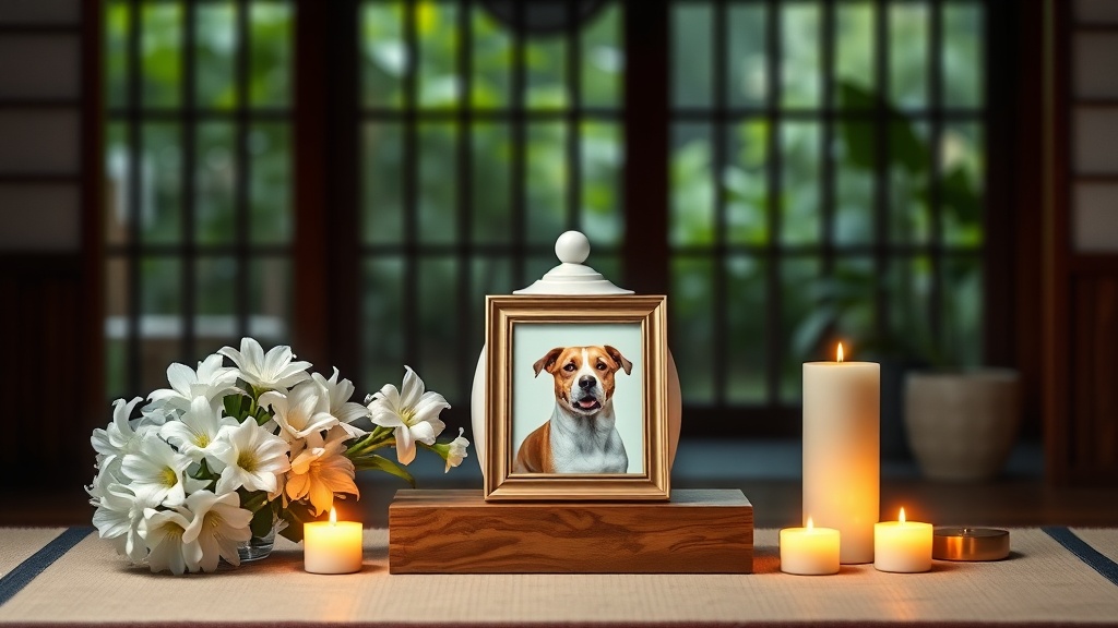 北九州市でのペット火葬後の遺骨供養の様子。白い骨壷と愛犬の写真、白い花とキャンドルが並ぶ追悼の祭壇