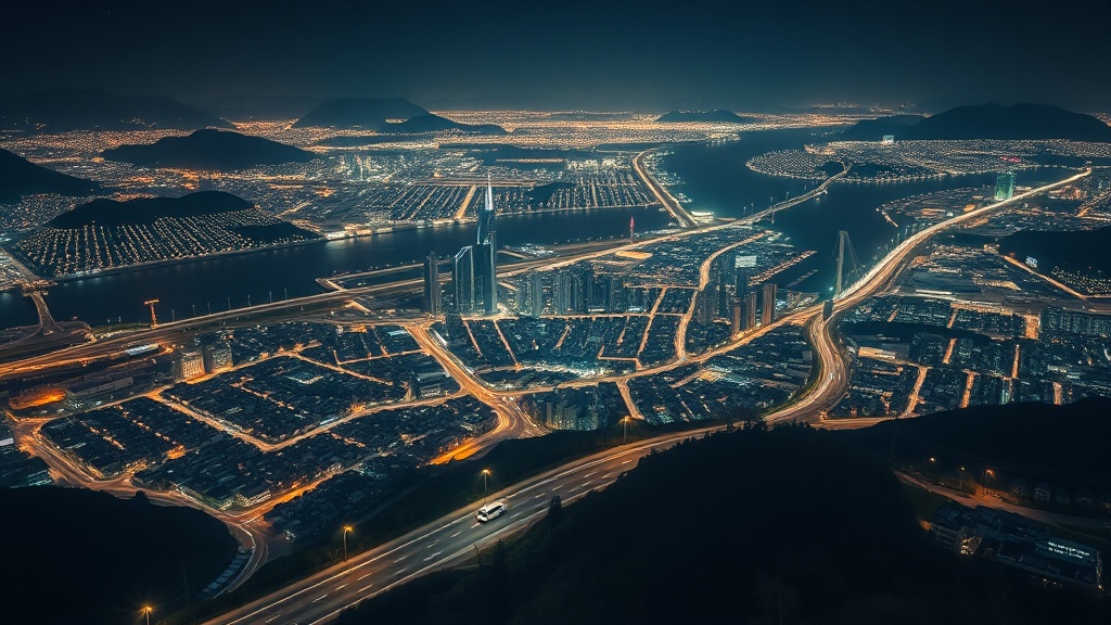 北九州市の夜景を空撮した画像。7つの区が川と丘陵で分かれ、道路を走るサービス車両の光跡が見える都市風景