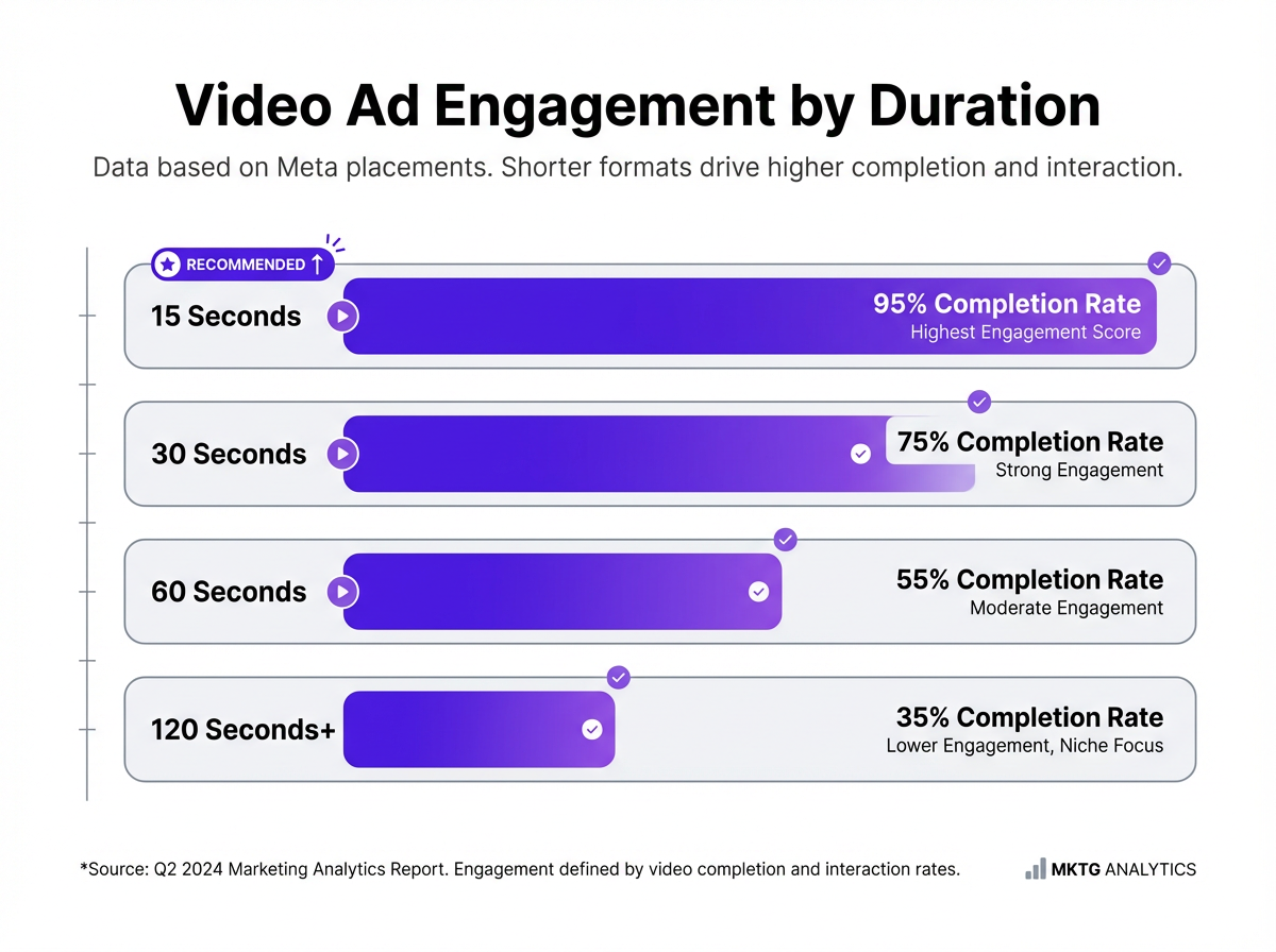 Infographic comparing video ad engagement by duration on Meta placements.