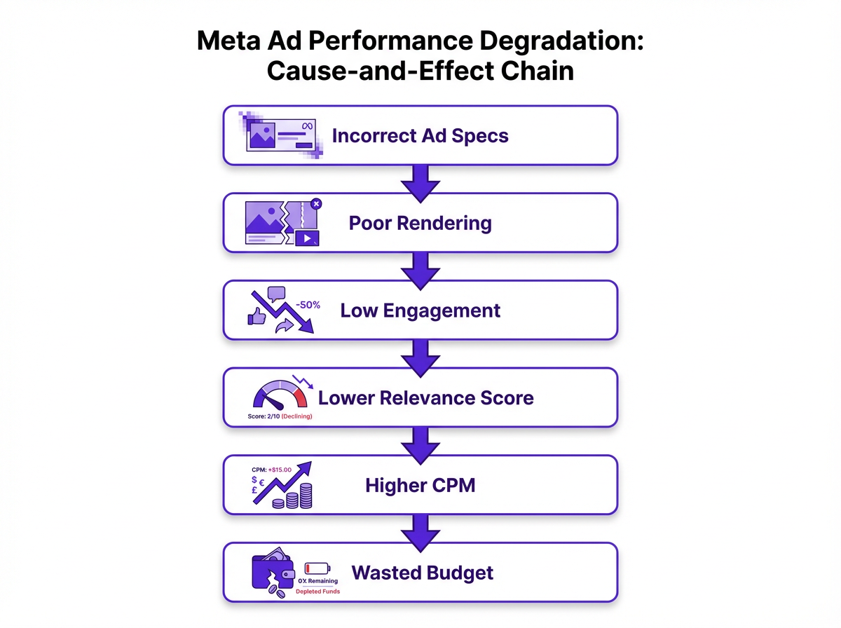 Cause-and-effect diagram showing how incorrect meta ad specs lead to higher CPMs and wasted budget.