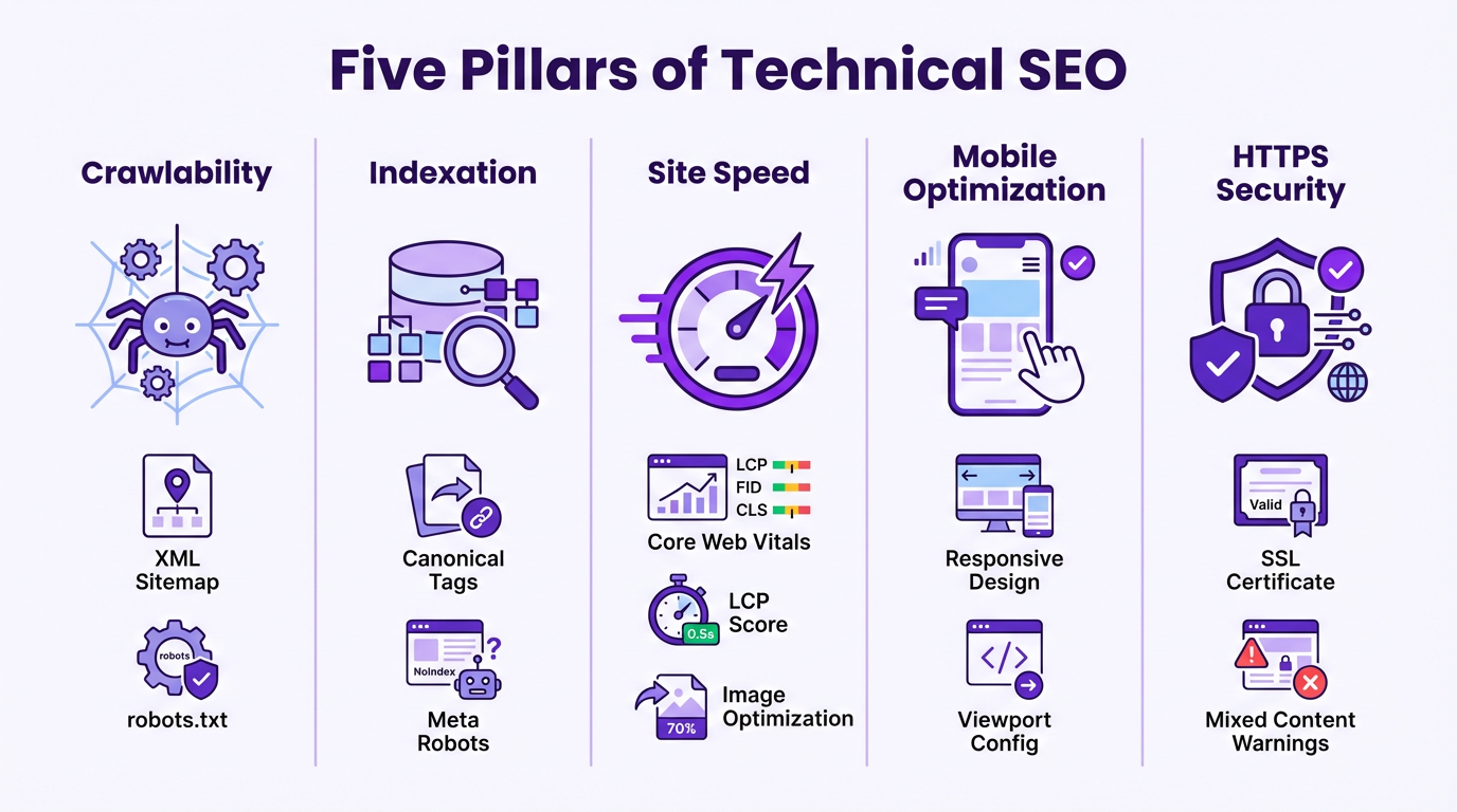 Five core components of technical SEO services infographic