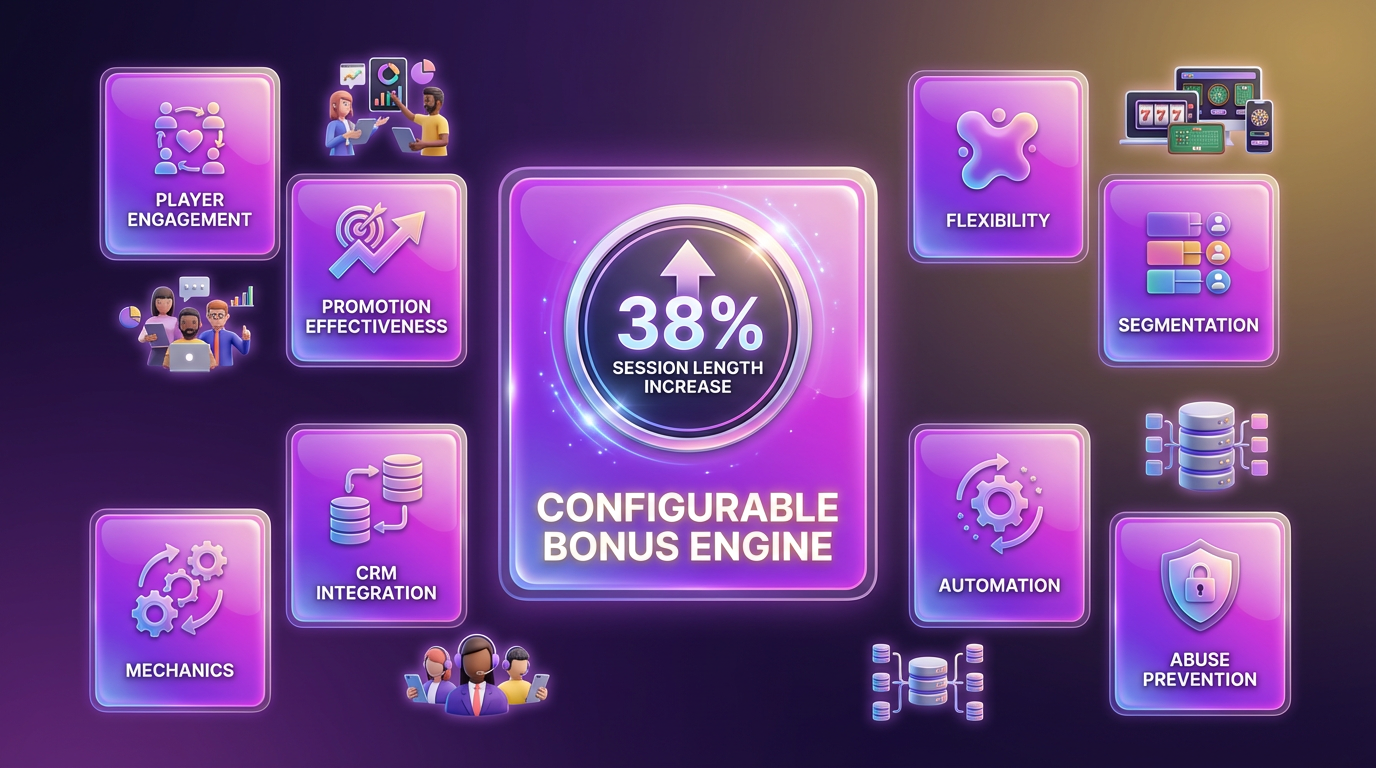 A vibrant 3D marketing visual featuring a central card for a bonus engine, surrounded by glossy cards for various benefits and features.