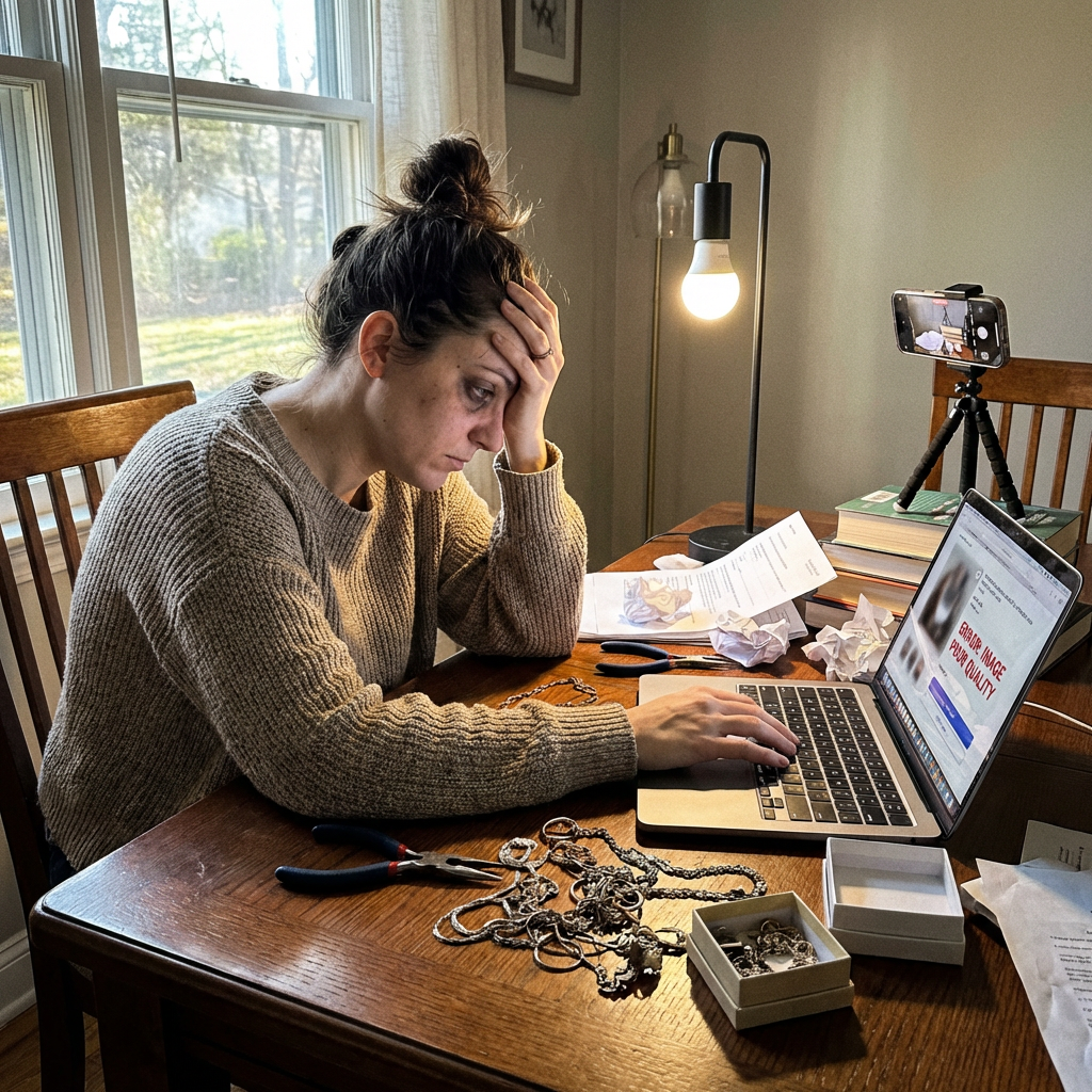 A tired small business owner at a cluttered dining table, surrounded by jewelry, a phone on a makeshift tripod, and a single lamp casting harsh shadows. The laptop screen shows a product listing with a blurry, poorly lit photo.