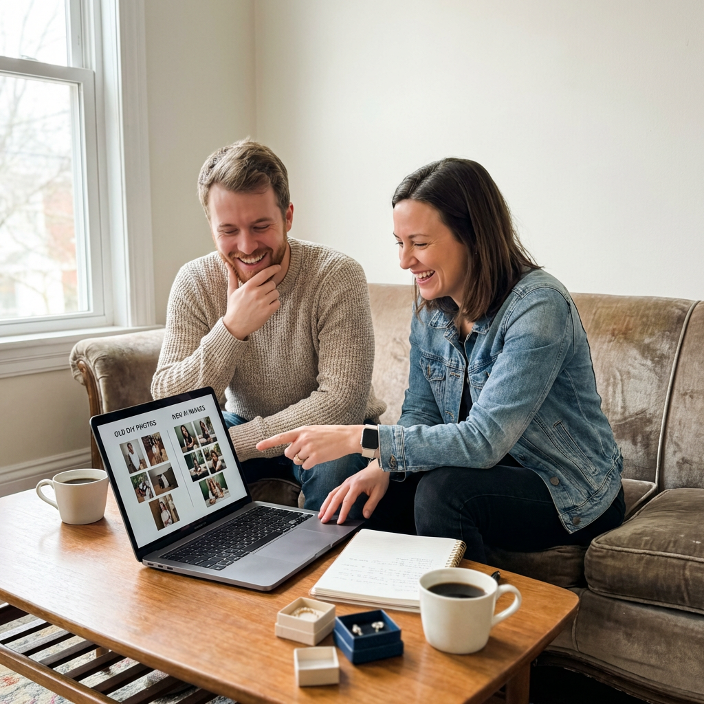 A jewelry business owner and a friend laughing while reviewing a laptop screen showing a side-by-side comparison of old DIY photos and new AI-generated images. The friend is pointing at the screen, clearly impressed.