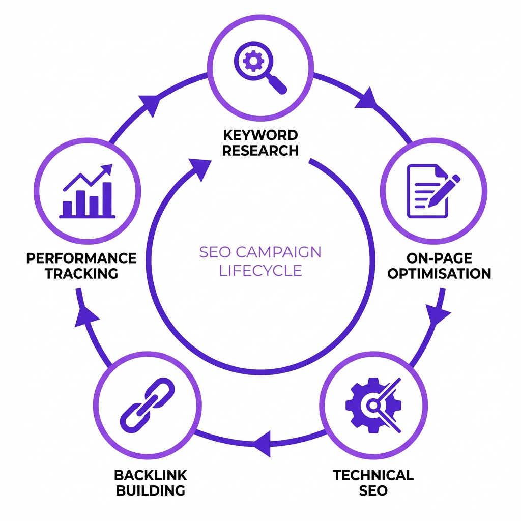 SEO campaign management workflow diagram showing five core components