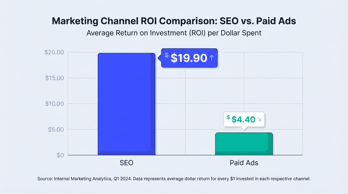 Chart comparing marketing channels, highlighting SEO’s superior ROI over paid advertising.