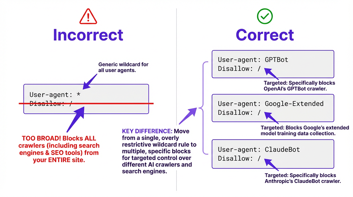 correct vs incorrect robots.txt configuration for blocking AI crawlers