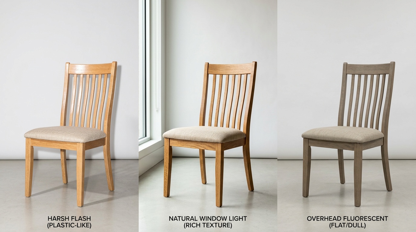 Three lighting comparisons on the same oak dining chair: harsh flash, soft window light, and flat fluorescent