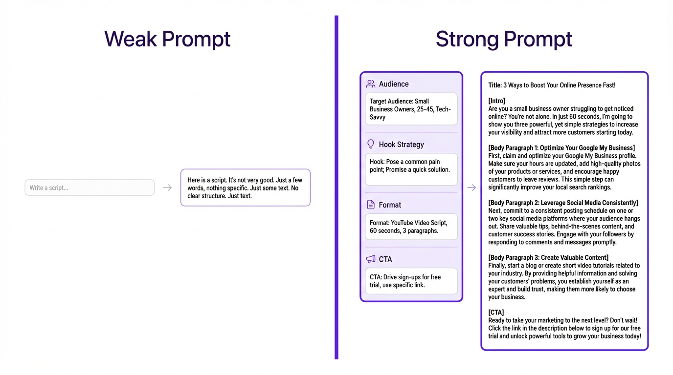 Comparison of weak versus strong YouTube prompts for AI video scripts