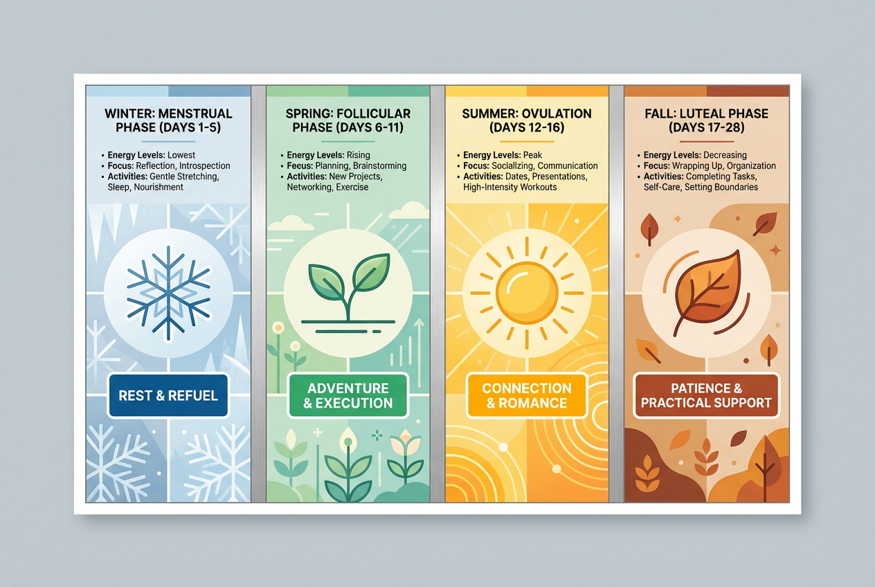 Infographic showing the four seasons of a menstrual cycle: Winter, Spring, Summer, and Fall, with recommended partner support actions for each phase.