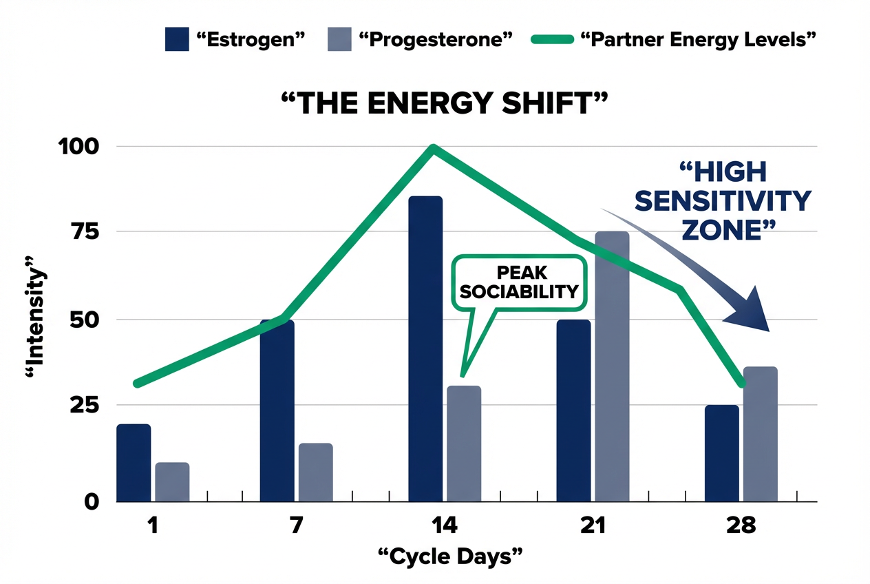 A bar chart comparing estrogen and progesterone levels across a 28-day cycle, mapped against a partner's physical energy and sociability.