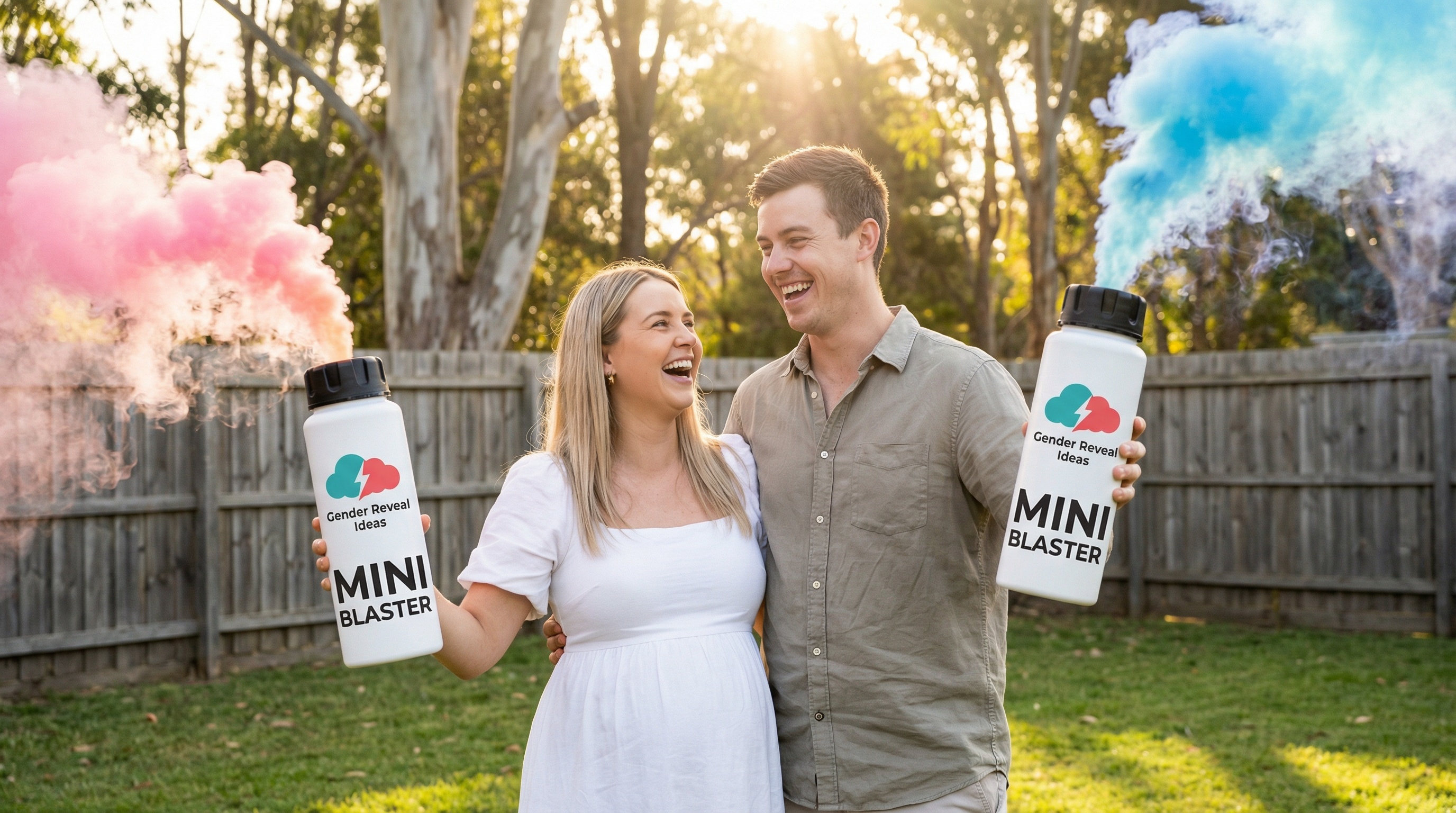 Australian couple holding gender reveal smoke bombs in backyard with pink and blue smoke clouds