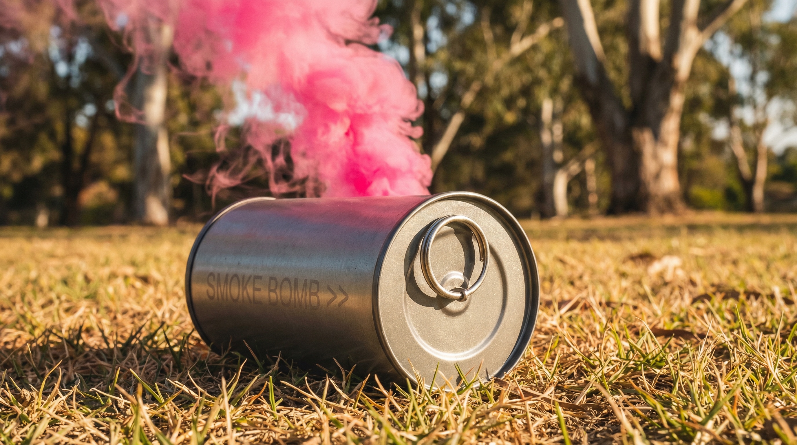 Gender reveal smoke bomb creating pink smoke cloud in Australian park setting