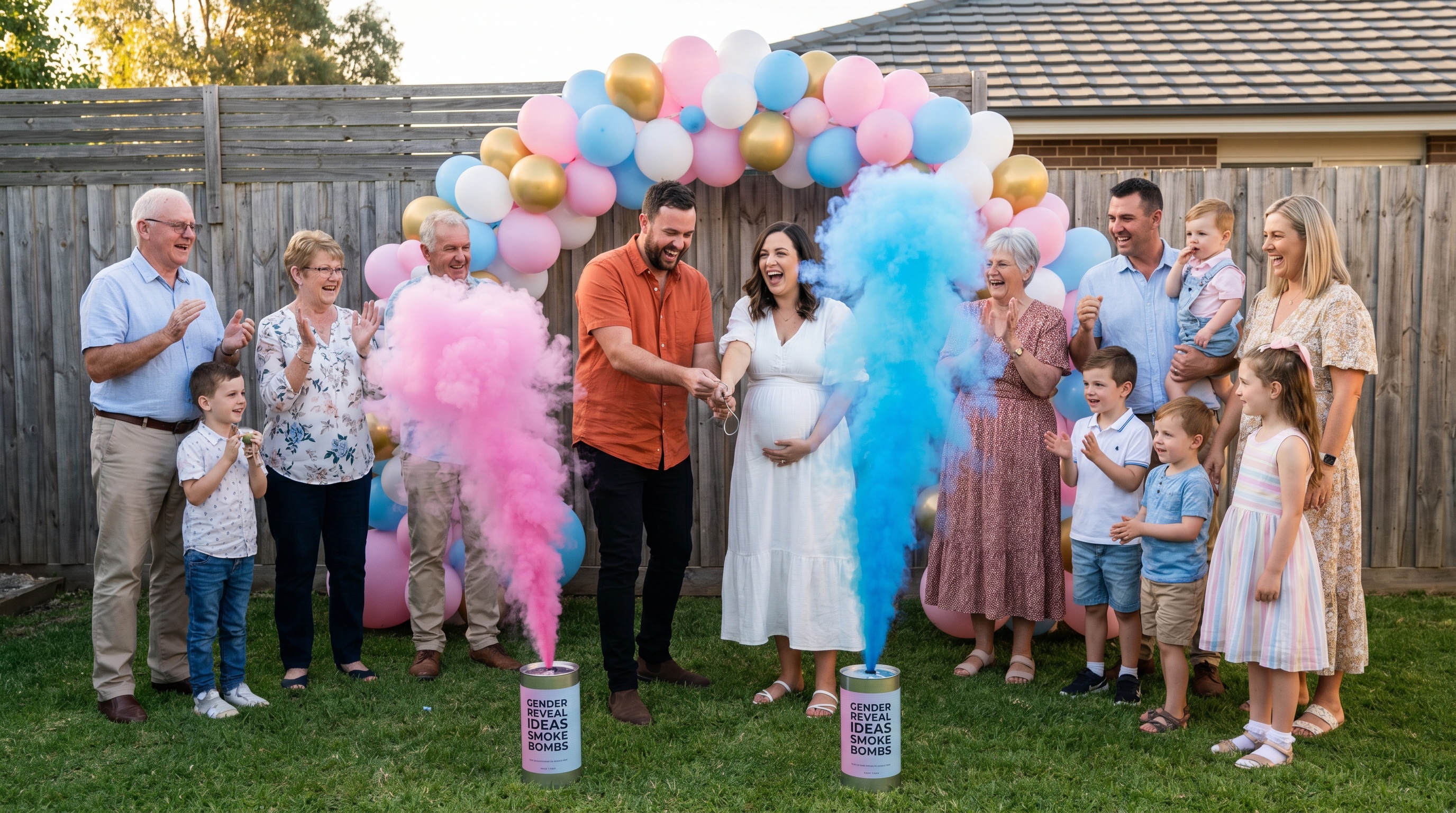 Family using gender reveal smoke bombs safely in Australian backyard with balloon decorations