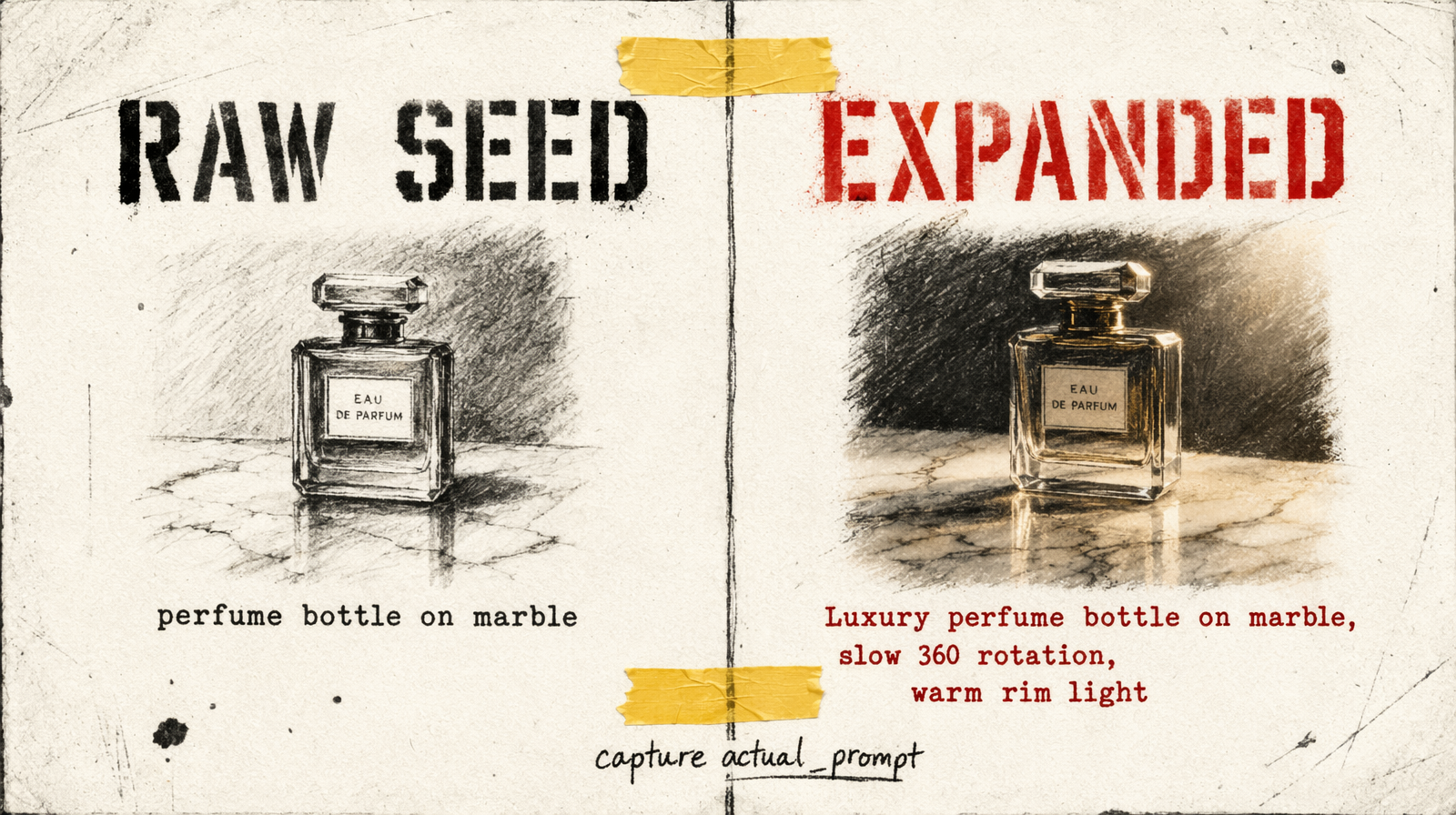 Raw seed prompt next to expanded prompt, bound with tape