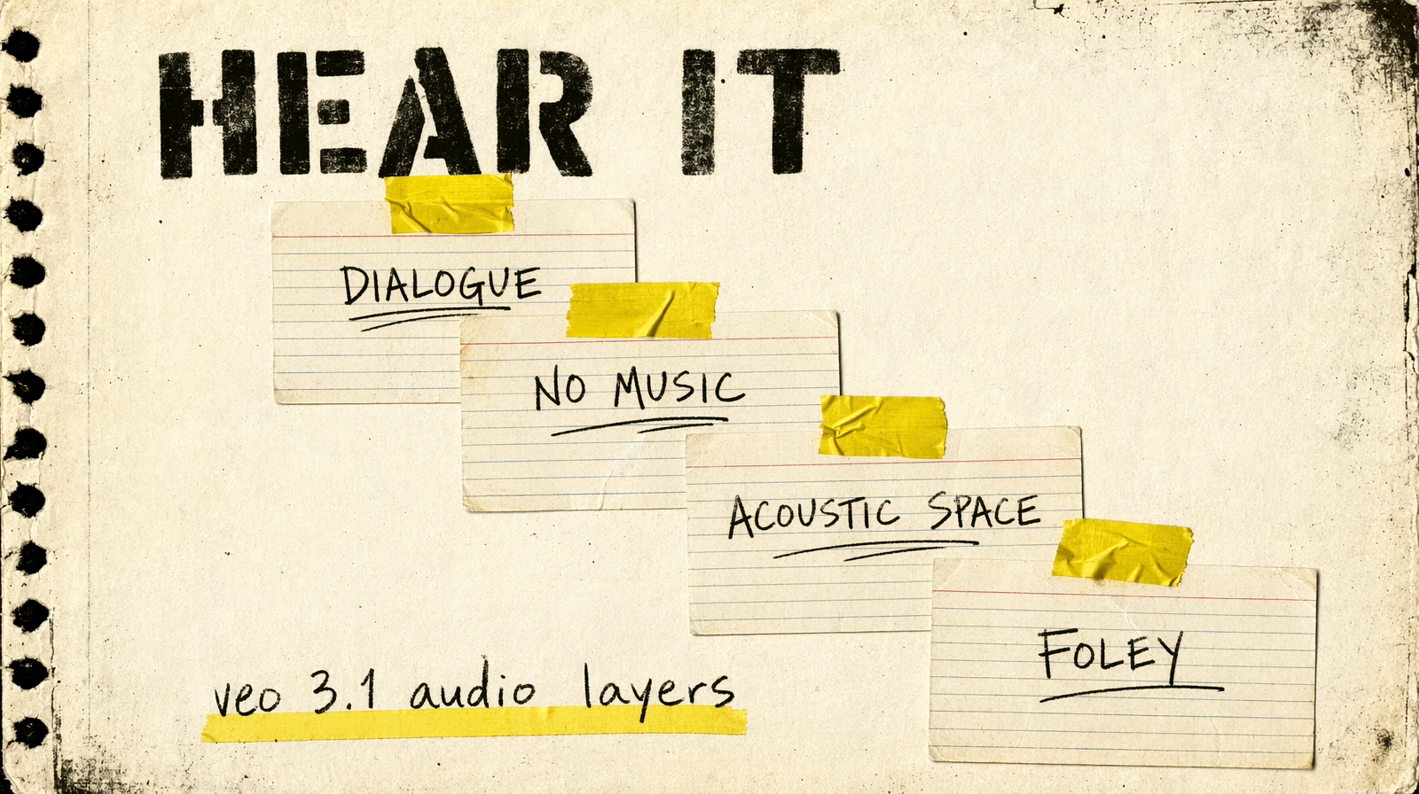 Audio cue stack of four taped index cards
