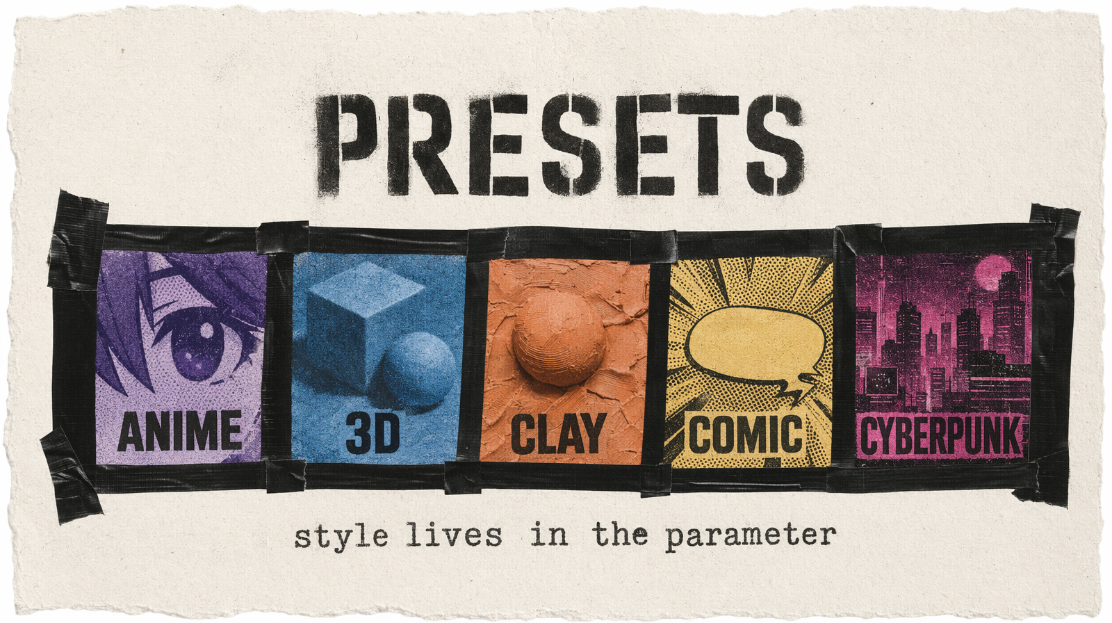 Five preset swatches bound with electrical tape