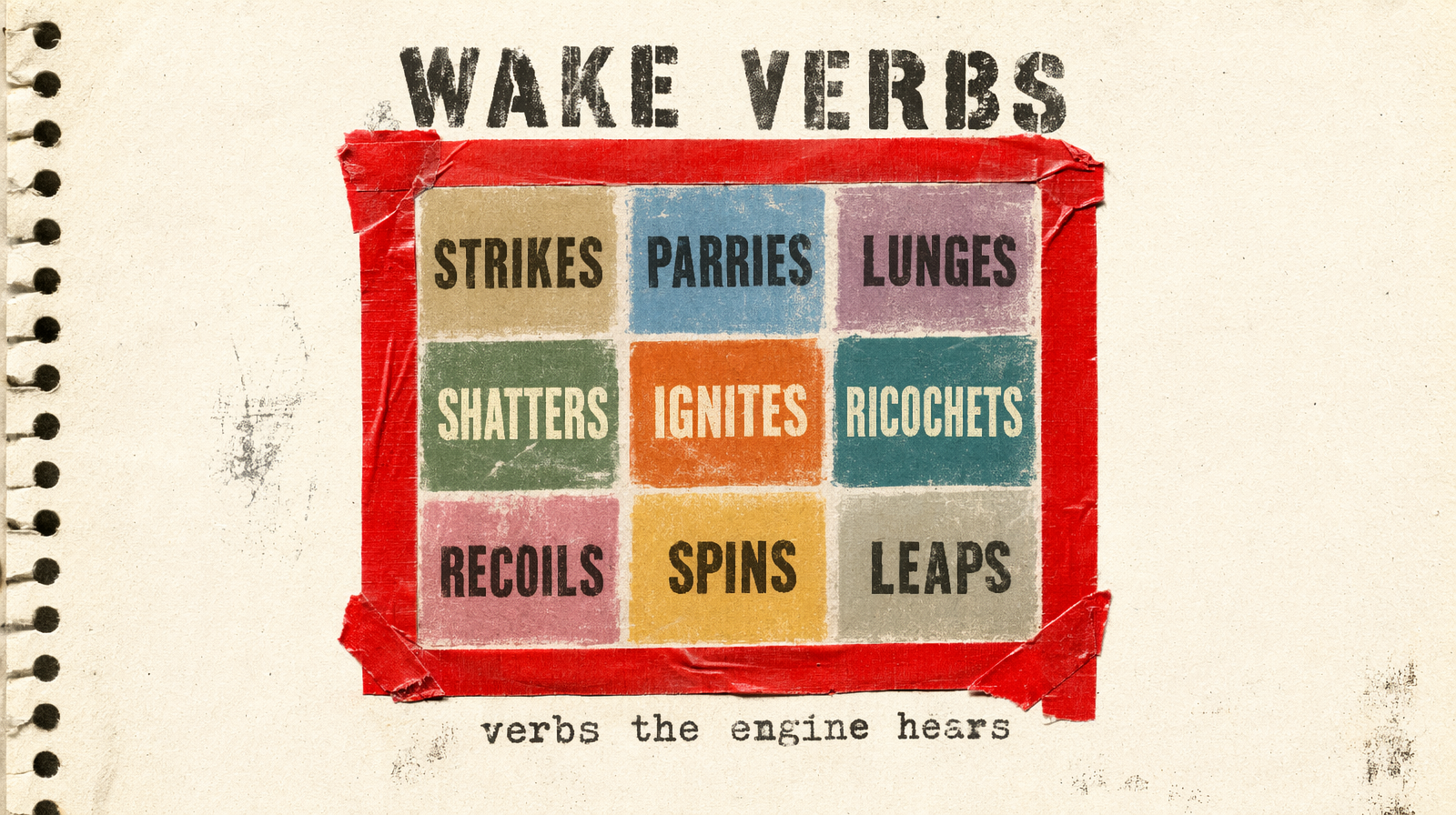 Grid of motion verbs stamped on swatches