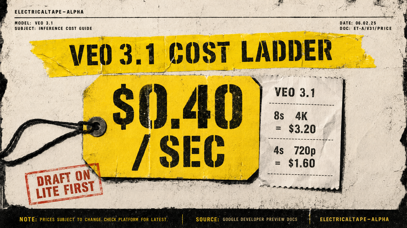 Veo 3.1 cost ladder with receipt breakdown