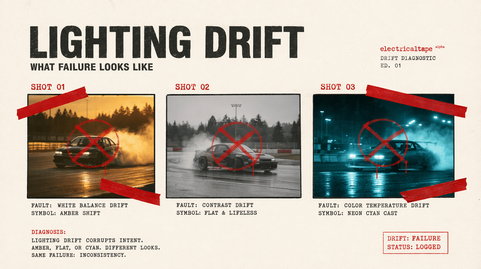 Lighting drift failure across three mismatched shots
