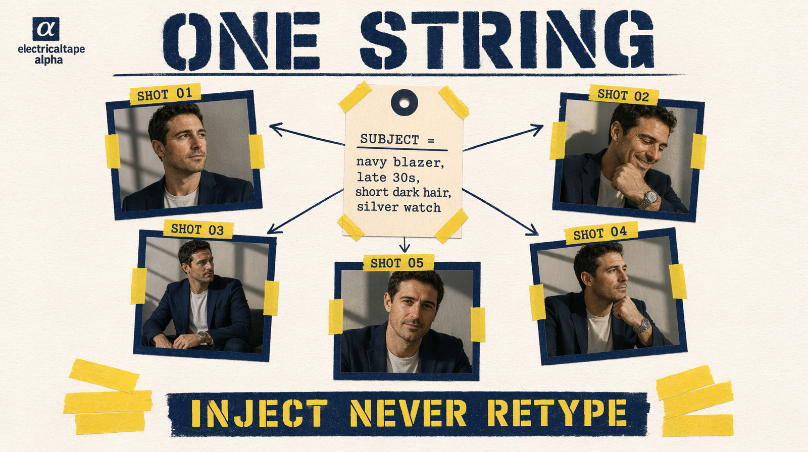 Single identity string injected across five shot frames