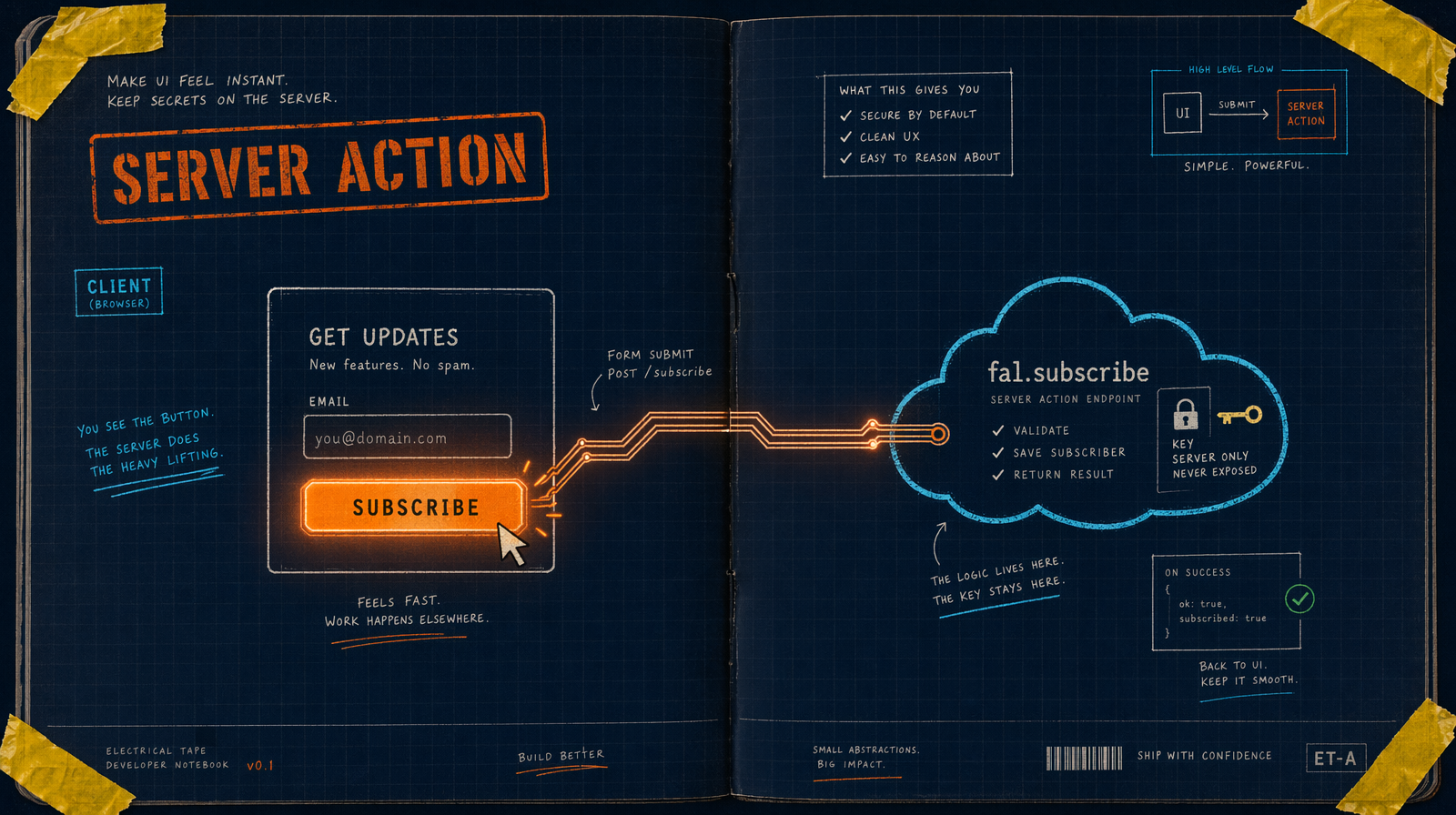 Server action wired to fal with locked key