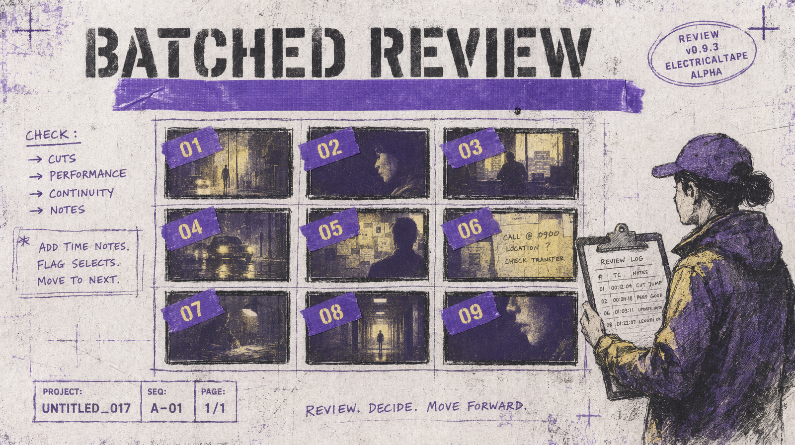 Batched review grid of nine thumbnails