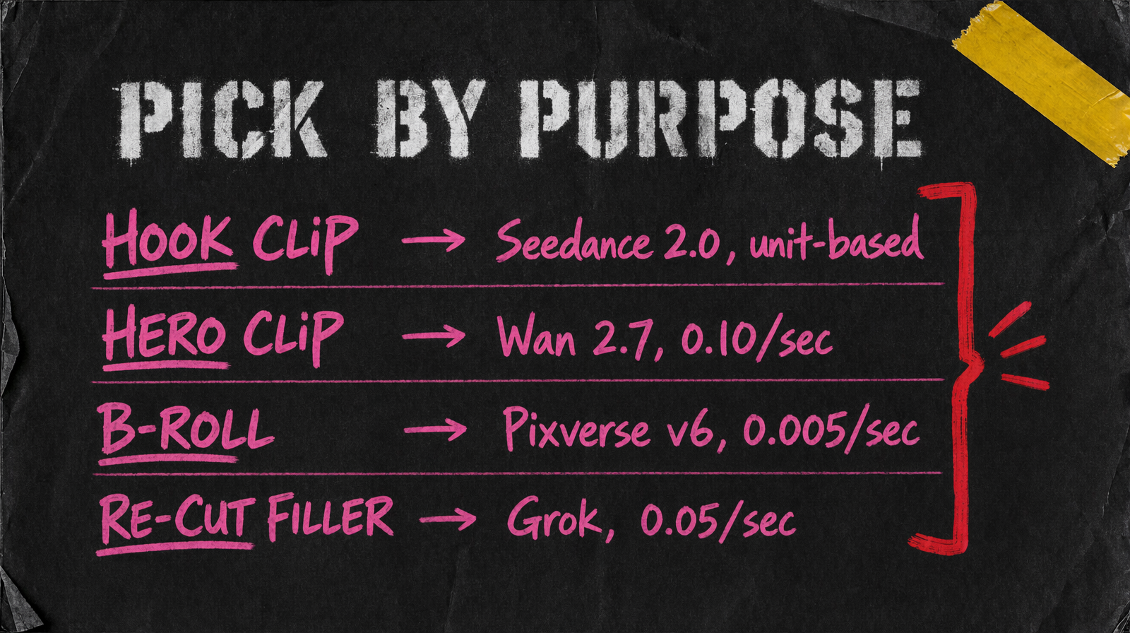 Model picks by clip purpose